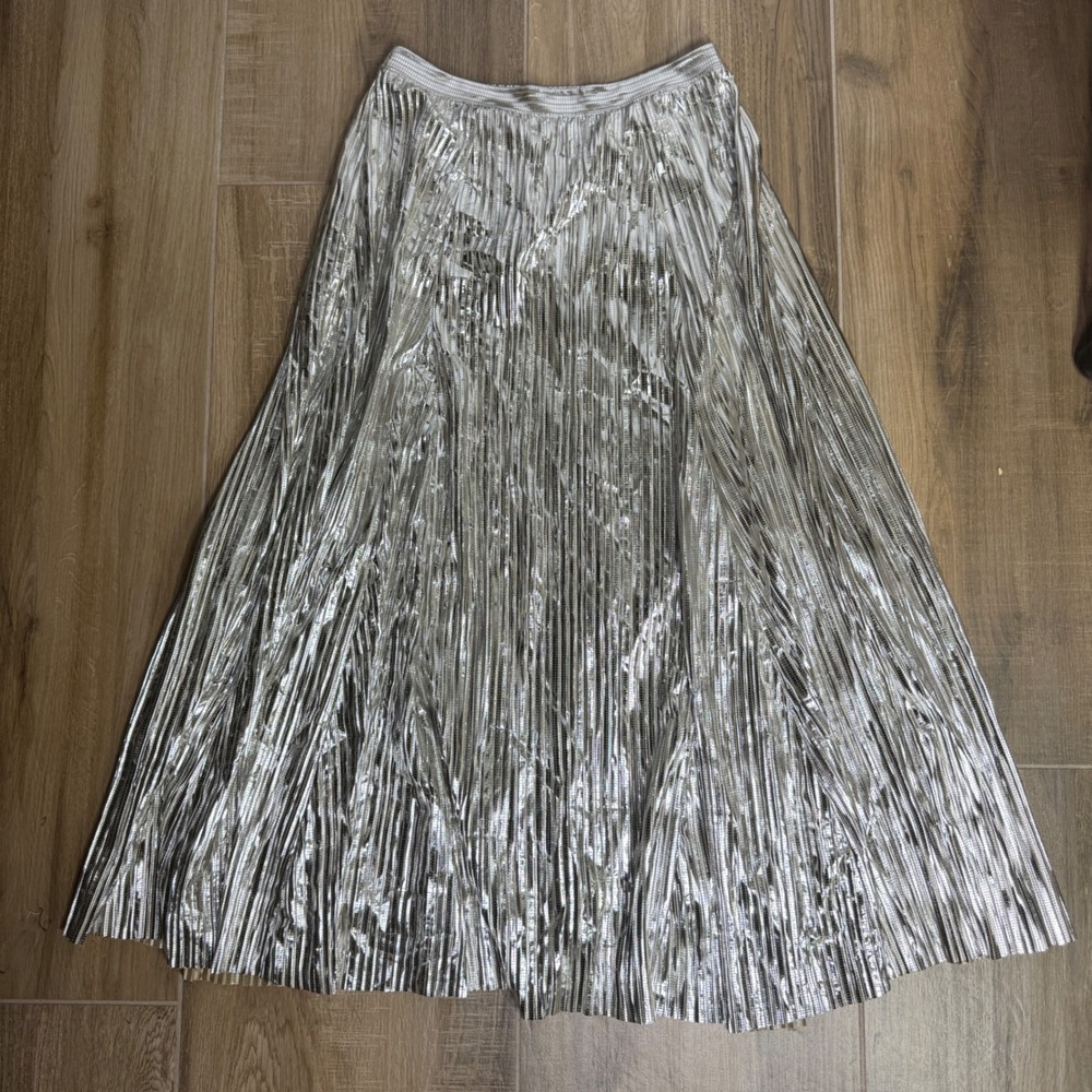 By Anthropologie Metallic Pleated Midi Skirt Silver XS OB2080543 Holiday Party - Picture 6 of 16
